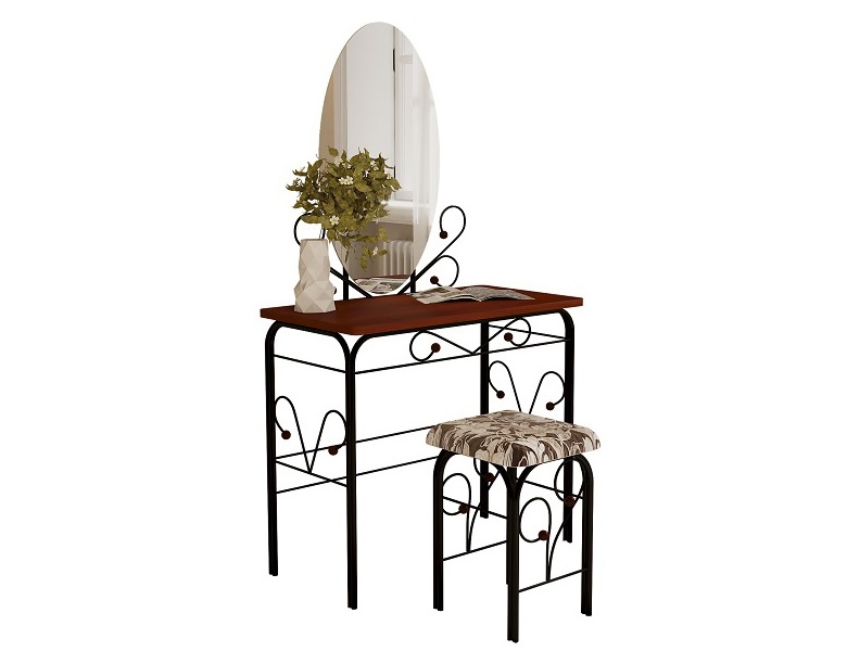 Дамский столик "Версаль" без ящика с банкеткой чёрный / орех (красно-коричневый)
